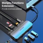 Vention Docking Station 9 in 1 USB-C a HDMI 4K/3xUSB3.0/RJ45/Lettore SD/MicroSD/Jack Audio/PD100W - 0,15 m - Colore grigio - immagine 3