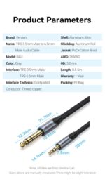 Cavo di collegamento stereo Vention - Jack da 3,5 mm a Jack da 6,3 mm - 5 m - Contatti dorati - Isolamento in PVC - Colore grigio - immagine 5