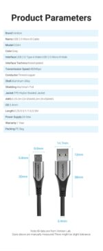 Cavo Micro USB reversibile Vention - Ricarica rapida 3A - Trasmissione 480Mbps - Maggiore durata - Protezione della batteria - Colore grigio - immagine 5