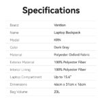 Zaino per laptop Vention - 23 L - Scomparto 15,6" - Leggero 0,7 kg - Tessuto Oxford resistente - Cinghia per bagagli - Colore grigio - immagine 5