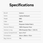 Zaino impermeabile per laptop Vention - Tessuto Oxford - Scomparto da 15,6" - Capacità 19 L - Colore nero - immagine 5