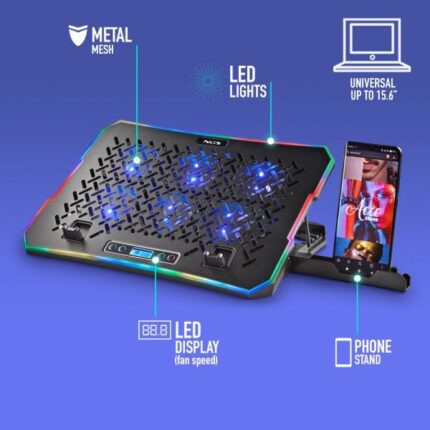 6" - 6 ventole con LED blu - Schermo LCD con pulsanti di controllo - Bordi RGB - Supporto per smartphone - Altezza regolabile - Due porte USB - Colore nero