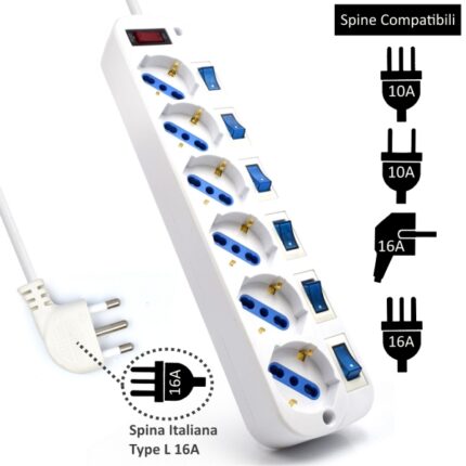 Ewent Ciabatta con 6 prese tipo L/F (Schuko) da 10/16A - Interruttore generale e individuale - Protezione da sovratensione e sovracorrente - Spina italiana piatta ad angolo - Cavo da 1