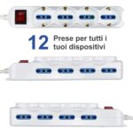 Ewent Ciabatta con 12 prese - 8 prese L + 4 prese L/F (Schuko) - Interruttore di accensione - Protezione bambini - Spina italiana piatta ad angolo - Cavo da 3 m - Colore bianco - immagine 4