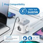 Ewent Ciabatta con 6 prese da tavolo - 3x Schuko 16A - 2x USB-A - 2x USB-C - Protezione bambini - Interruttore On/Off - Forma cubica - Cavo da 1,5 m - Colore bianco/grigio - immagine 3