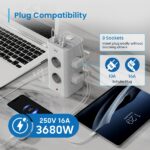 Ewent Ciabatta con 12 prese da tavolo - 8x Schuko 16A - 2x USB-A - 2x USB-C - Interruttore On/Off - Protezione bambini - Forma a torre - Cavo da 2 m - Colore bianco/grigio - immagine 3