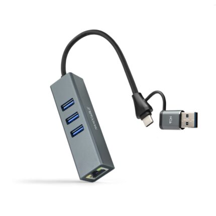 Nanocavo Adattatore di rete USB-C + USB-A/M 3.0 a Ethernet Gigabit 10/100/1000 Mbps + Hub 3xUSB-A 3.0 - 15 cm - Colore grigio