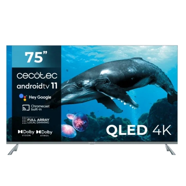 Cecotec V3+ Series VQU30075+ Smart TV da 75" QLED 4K UHD HDR - 120Hz - USB PVR - Processore Cortex A55 - Audio Dolby - WiFi - Android TV 11 - HDMI 2.1 - Chromecast - Bluetooth - Vesa - Colore Nero Cecotec V3+ Series VQU30075+ Smart TV da 75" QLED 4K UHD HDR - 120Hz - USB PVR - Processore Cortex A55 - Audio Dolby - WiFi - Android TV 11 - HDMI 2.1 - Chromecast - Bluetooth - Vesa - Colore Nero