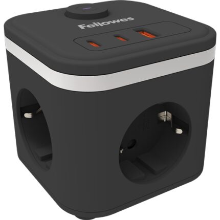 Fellowes Cubo Multipresa da tavolo con 3 prese 230V + 2x USB-C 20W max. - 1x USB-A 18W max. - Cavo da 2 m - Interruttore On/Off - Colore nero