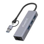 Ewent Adattatore di rete USB-C + USB-A/M 3.2 Gen1 a Ethernet Gigabit 10/100/1000 Mbps + Hub 3xUSB-A 3.2 Gen1 - 15 cm - Colore grigio