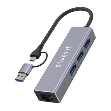 Ewent Adattatore di rete USB-C + USB-A/M 3.2 Gen1 a Ethernet Gigabit 10/100/1000 Mbps + Hub 3xUSB-A 3.2 Gen1 - 15 cm - Colore grigio