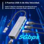 Ewent Adattatore di rete USB-C + USB-A/M 3.2 Gen1 a Ethernet Gigabit 10/100/1000 Mbps + Hub 3xUSB-A 3.2 Gen1 - 15 cm - Colore grigio - immagine 4