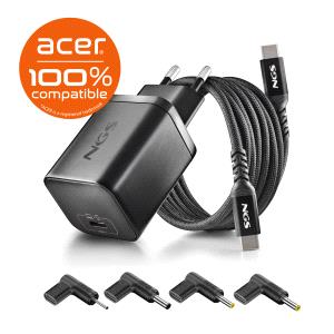 NGS BUD65W‑AC Caricabatterie GaN 65W per laptop Acer - USB C Power Delivery e PPS - 4 connettori DC inclusi - Cavo USB C 1