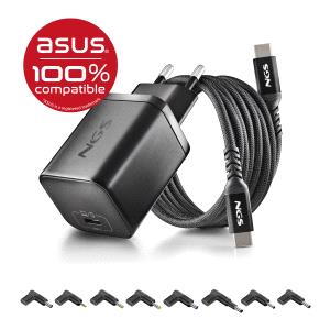NGS BUD65W-AS Caricabatterie GaN 65W per laptop ASUS - USB C Power Delivery e PPS - 8 connettori DC inclusi - Cavo USB C da 1
