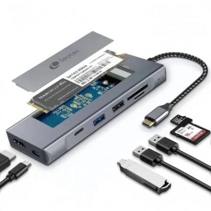 Leotec LEDS07 Docking Station USB C 8 in 1 con slot SSD M.2 - HDMI 4K - Power Delivery 100W - USB 3.2 e USB C 10Gbps - Lettore SD e MicroSD - Compatibile con SSD NVMe e SATA - Corpo in alluminio
