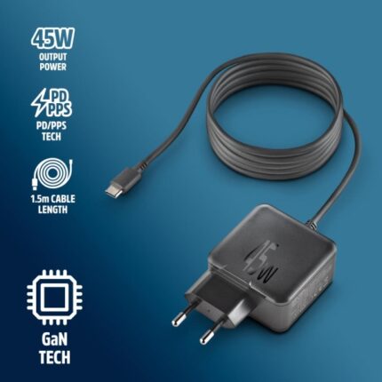 NGS GAN 45W‑C Caricatore da muro GaN 45W - USB‑C - PD3.0 PPS - Ricarica intelligente per laptop/tablet/smartphone - Protezione da sovraccarico e cortocircuiti - Cavo da 1