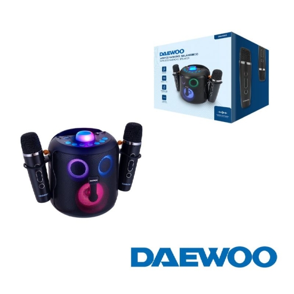 Daewoo DW3008 Altoparlante karaoke portatile Bluetooth 5.4 da 15 W - 2 microfoni wireless - Luci LED - Radio FM - USB/SD/Aux - Batteria 1800 mAh - Ricarica USB‑C - Maniglia per il trasporto e supporto per cellulare - Colore nero Daewoo DW3008 Altoparlante karaoke portatile Bluetooth 5.4 da 15 W - 2 microfoni wireless - Luci LED - Radio FM - USB/SD/Aux - Batteria 1800 mAh - Ricarica USB‑C - Maniglia per il trasporto e supporto per cellulare - Colore nero
