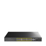 Cudy Switch 28 porte - Capacità di commutazione 56 Gbps - 24x RJ45 PoE+ - 2x RJ45 GbE - 2x Gigabit SFP - Riavvio automatico - Monitoraggio IGMP - Prevenzione loop - 440x220x44 mm - Colore nero