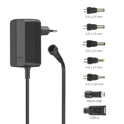 Hama Alimentatore multi-dispositivo - Potenza 12 W - Indicatore LED - 7 adattatori - Intensità massima 1 A - Tensione regolabile - Colore nero