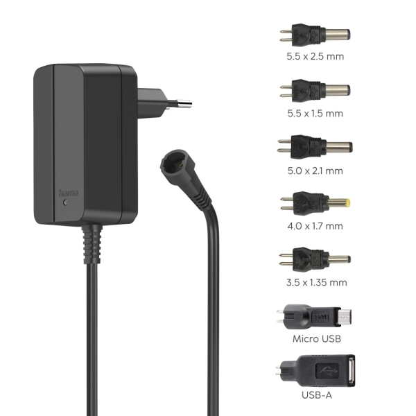 Hama Alimentatore multi-dispositivo - Potenza 12 W - Indicatore LED - 7 adattatori - Intensità massima 1 A - Tensione regolabile - Colore nero Hama Alimentatore multi-dispositivo - Potenza 12 W - Indicatore LED - 7 adattatori - Intensità massima 1 A - Tensione regolabile - Colore nero