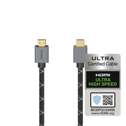 Cavo HDMI 8K maschio Hama Prime - Certificato - Lunghezza 2 m - Supporta eARC - Terminali placcati in oro - Ethernet - Velocità fino a 48 Gbps - Doppia schermatura - Colore nero e grigio