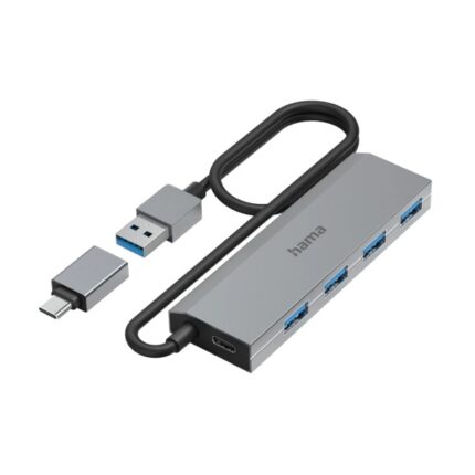 Hama Essential Hub USB 3.2 - Cavo USB-A integrato da 1 m - Adattatore USB-C - 4x USB-A - Colore grigio