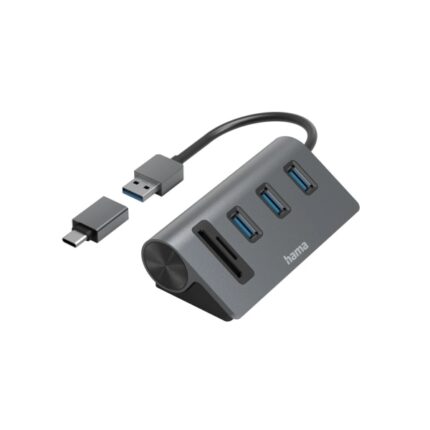 Hama Essential Hub USB 3.2 - Cavo USB-A integrato - Adattatore USB-C - Scheda SD - Scheda Micro-SD - 3x USB-A - Colore nero e grigio