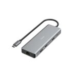 Hama Essential Hub USB 3.2 - Potenza massima 100 W - Cavo USB-C integrato da 15 cm - LAN Ethernet 1 Gbps - 2x HDMI 4K - 2x USB-C - 2x USB-A - Power Delivery - Colore grigio