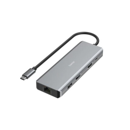 Hama Essential Hub USB 3.2 - Potenza massima 100 W - Cavo USB-C integrato da 15 cm - LAN Ethernet 1 Gbps - 2x HDMI 4K - 2x USB-C - 2x USB-A - Power Delivery - Colore grigio