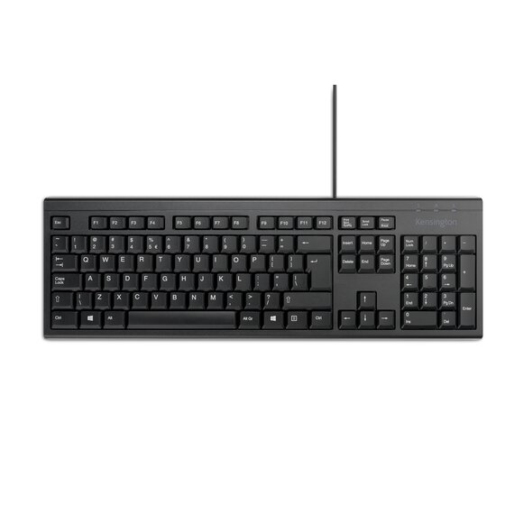 Tastiera completa Kensington KB100 EQ USB-A - Realizzata con il 64% di materiale riciclato - Membrana resistente agli schizzi - Colore nero Tastiera completa Kensington KB100 EQ USB-A - Realizzata con il 64% di materiale riciclato - Membrana resistente agli schizzi - Colore nero