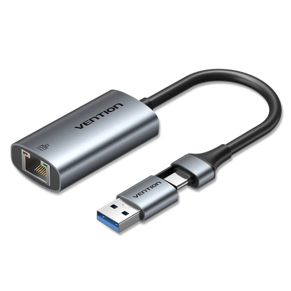 Vention Convertitore da USB-C a Ethernet - Adattatore USB-A - Cavo da 15 cm - Velocità fino a 1 Gbps - Involucro in alluminio e ABS - Colore grigio