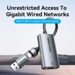 Vention Convertitore da USB-C a Ethernet - Adattatore USB-A - Cavo da 15 cm - Velocità fino a 1 Gbps - Involucro in alluminio e ABS - Colore grigio - immagine 2