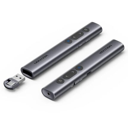 Presentatore wireless Vention - Puntatore laser verde - Bluetooth - Batteria 200 mAh - Trasmissione 4 GHz - Portata fino a 50 m - Ricaricabile - Monitoraggio della batteria - Multifunzione - Colore grigio