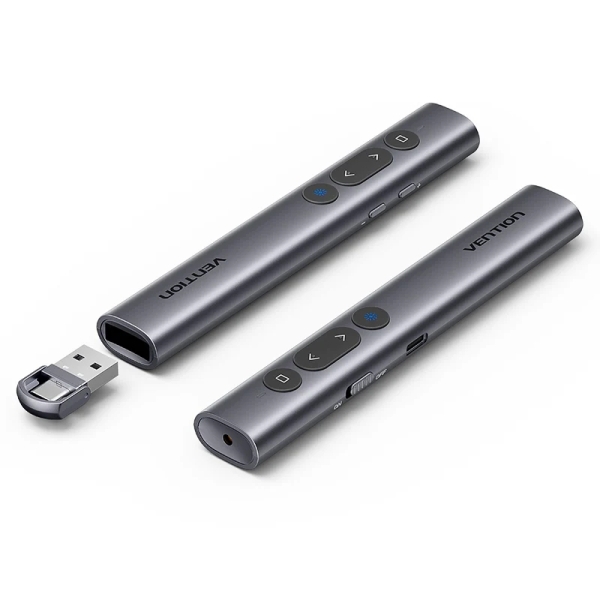 Presentatore wireless Vention - Puntatore laser verde - Bluetooth - Batteria 200 mAh - Trasmissione 4 GHz - Portata fino a 50 m - Ricaricabile - Monitoraggio della batteria - Multifunzione - Colore grigio