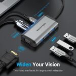 Vention Docking Station 5 in 1 - Cavo USB-C integrato da 15 cm - HDMI 4K - USB-C - 3xUSB-A - VGA - Power Delivery - Colore Grigio - immagine 3