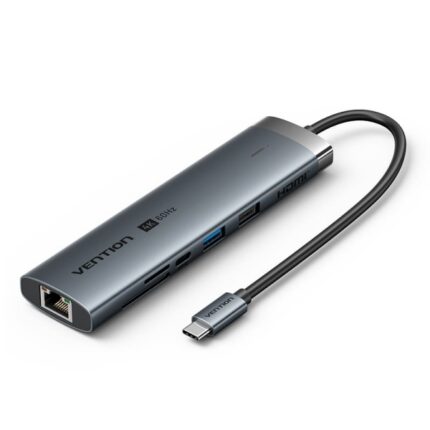 Vention Docking Station 8 in 1 - 100W - Cavo USB-C integrato da 15 cm - Ethernet RJ45 - HDMI 4K - 2xUSB-C - Scheda TF - SD - 2xUSB-A - Power Delivery - Colore Grigio