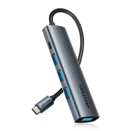Hub USB 5 in 1 Vention - Cavo USB-C da 15 cm - 4xUSB-A - USB-C - Indicatore LED - Velocità fino a 5 Gbps - Colore grigio