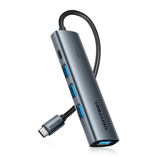 Hub USB 5 in 1 Vention - Cavo USB-C da 15 cm - 4xUSB-A - USB-C - Indicatore LED - Velocità fino a 5 Gbps - Colore grigio