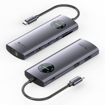 Vention Docking Station 9 in 1 - 100W - Cavo USB-C integrato da 15 cm - HDMI 4K - DisplayPort - Ethernet RJ45 - USB-C - Scheda TF - SD - 3xUSB-A - Power Delivery - Colore Grigio