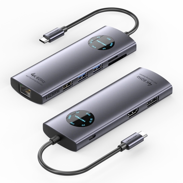 Vention Docking Station 9 in 1 - 100W - Cavo USB-C integrato da 15 cm - HDMI 4K - DisplayPort - Ethernet RJ45 - USB-C - Scheda TF - SD - 3xUSB-A - Power Delivery - Colore Grigio