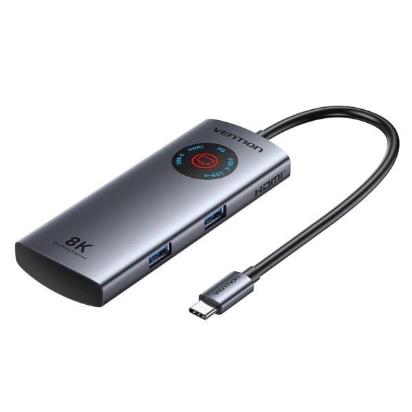 Vention Docking Station 5 in 1 - 100W - Cavo USB-C da 15 cm integrato - Display LED - 2xUSB-C - 2xUSB-A - HDMI 8K - Power Delivery - Colore Grigio
