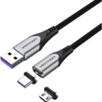 Cavo USB 2.0 Vention - Lunghezza 50 cm - USB-A - USB-C e Micro-USB intercambiabili - Velocità fino a 480 Mbps - Rivestimento in nylon intrecciato - Colore grigio