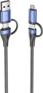 Cavo USB-C Vention - Potenza fino a 100 W - Lunghezza 2 m - Adattatore USB-A - Adattatore Micro-USB - Velocità fino a 480 Mbps - Rivestimento in cotone intrecciato - Colore blu - immagine 4