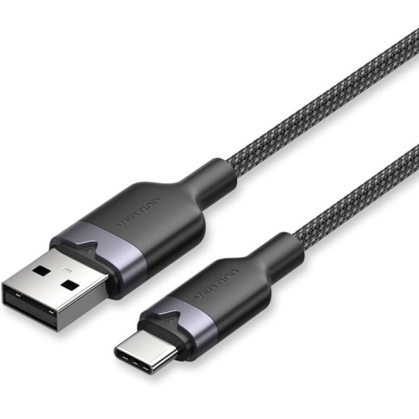 Cavo USB 2.0 Vention - Potenza fino a 60 W - Lunghezza 2 m - USB-A - USB-C - Velocità fino a 480 Mbps - Rivestimento in cotone intrecciato - Colore nero