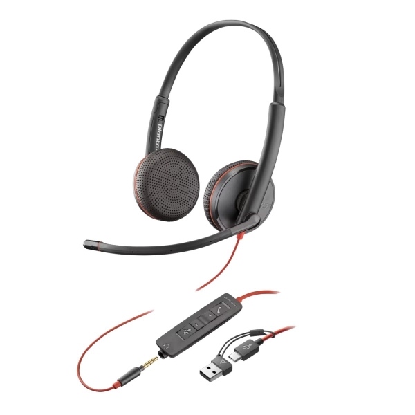 Cuffie con microfono HP Poly Blackwire 3220 USB-C - Cuscinetti imbottiti - Comandi sul cavo - Adattatore USB-A - Colore nero