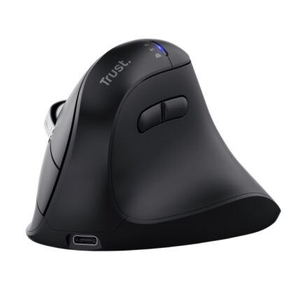 Trust Vyran Mouse wireless ergonomico - Regolabile fino a 4800 dpi - Bluetooth - Ricaricabile - Ricevitore USB-A - Adattatore USB-C - Multidispositivo - Clic silenzioso - 75x84x116 mm - Colore nero