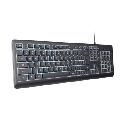 Trust Primo Tastiera Full-Size con cavo USB-C - Retroilluminazione LED - Protezione contro gli schizzi - 104 tasti silenziosi - Adattatore USB-A - 22x184x436 mm - Colore nero