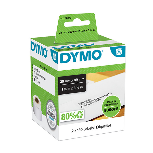 Dymo 99010 Confezione da 2 rotoli di etichette originali per etichettatrice - 130 etichette per rotolo - Dimensioni 28 mm x 89 mm - Colore bianco