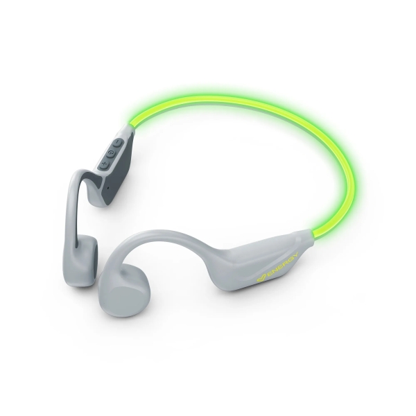 Cuffie sportive Energy Sistem VibeWave - Bluetooth 5.4 - Connessione multipoint - Protezione da sudore e schizzi - Fascia in gomma Secure-Fit - Microfono - Autonomia 15 ore - Illuminazione LED - Assistente vocale - Colore grigio