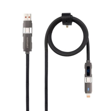 Cavo USB-C 4-in-1 Nanocable - Supporta fino a 27 W - Lunghezza 1 m - Adattatore USB-A e Lightning integrato - Display digitale - Intreccio di cotone - Colore nero